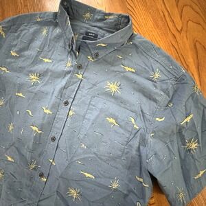 Prana Blue Men's Slim Fit Graphic Print Short Sleeve Button-Down Shirt Size XL